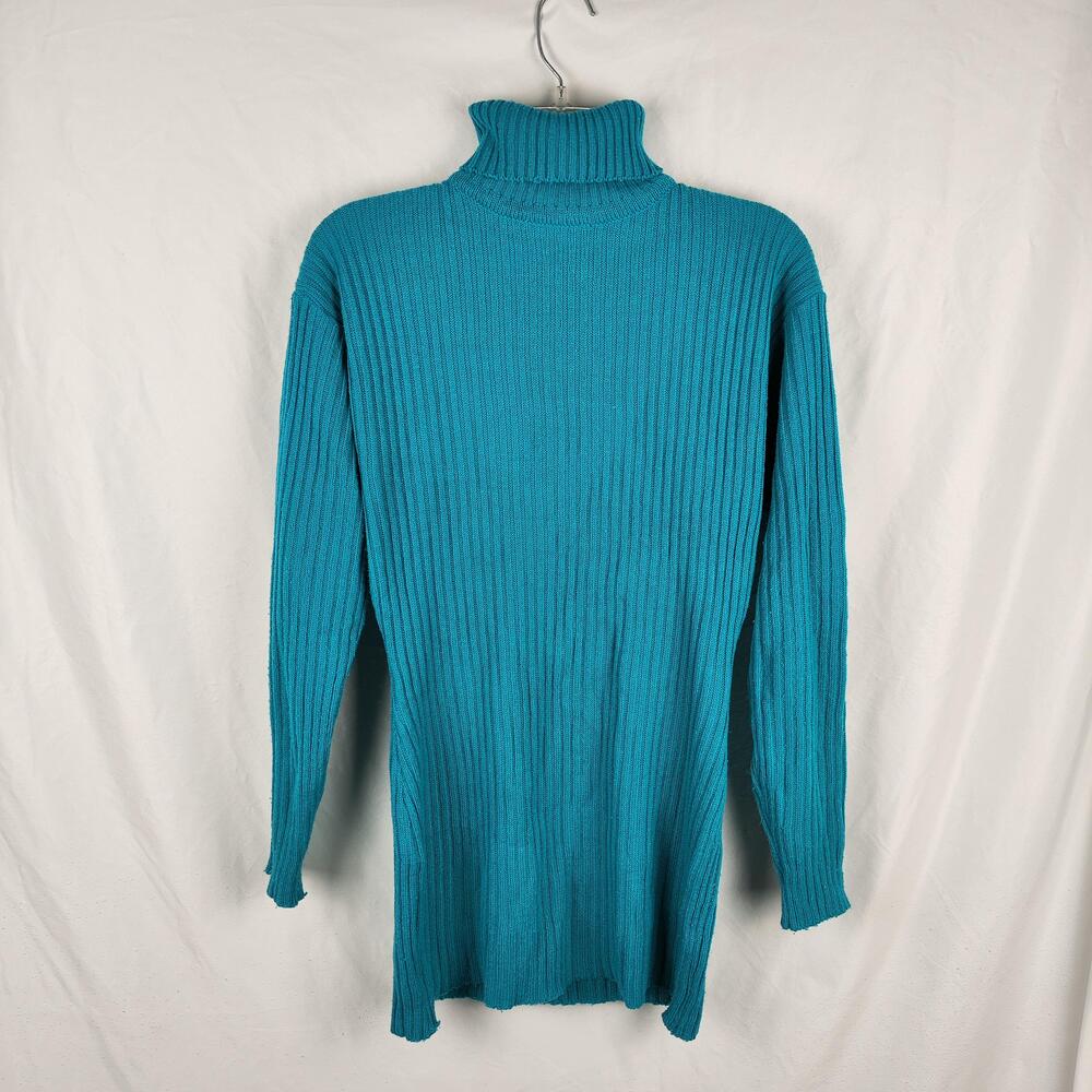 A'MILANO Sweater Tunic Womens Size Blue Turtleneck Ribbed Knit Stretch